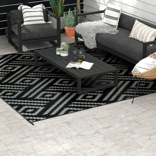 Reversible Outdoor Rug, Waterproof Plastic Straw, 8' x 10', Geometric, Black Grey