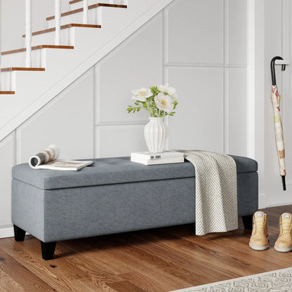 Rectangular Entry Bench, Tufted Upholstered Linen, Wood Feet, Grey Storage Ottomans & Benches at Gallery Canada