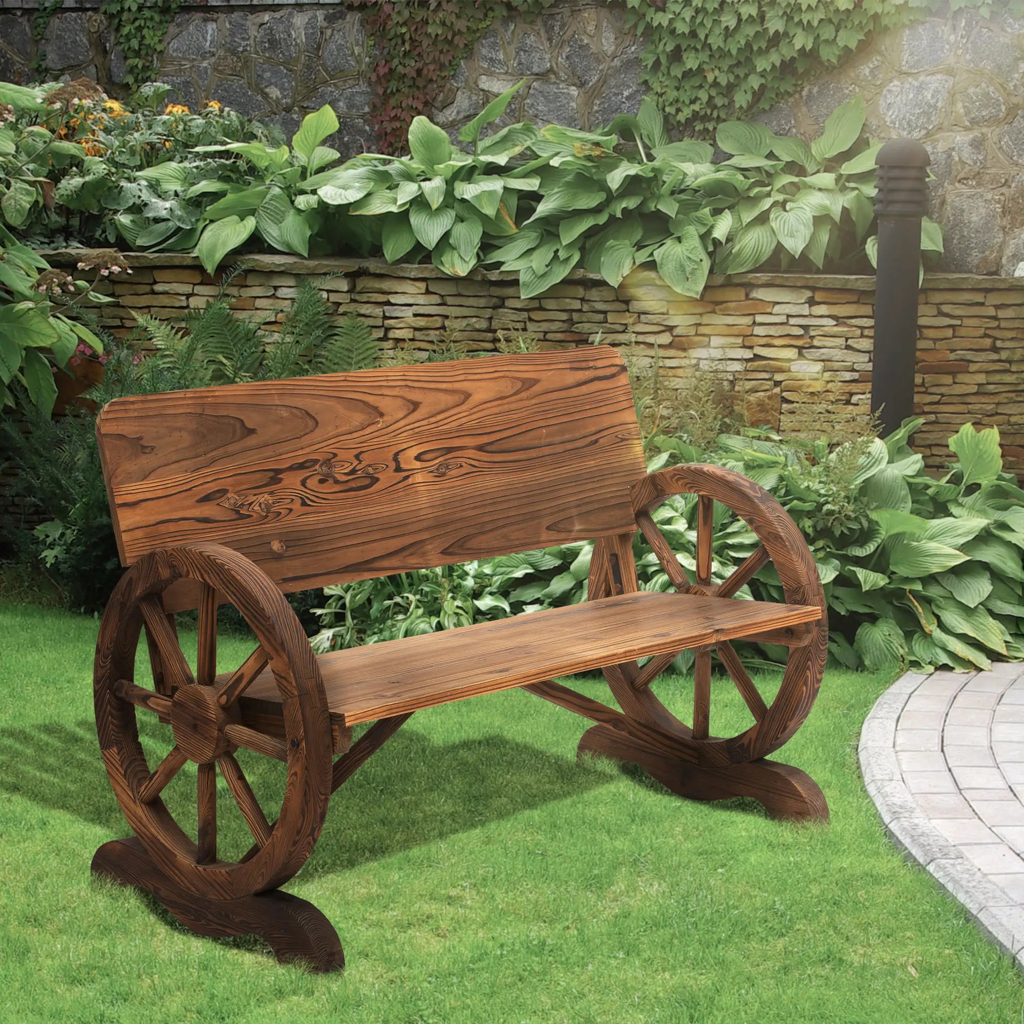 Wooden Wagon Wheel Bench, Rustic 2 Seater, Garden Outdoor Chair Outdoor Benches at Gallery Canada