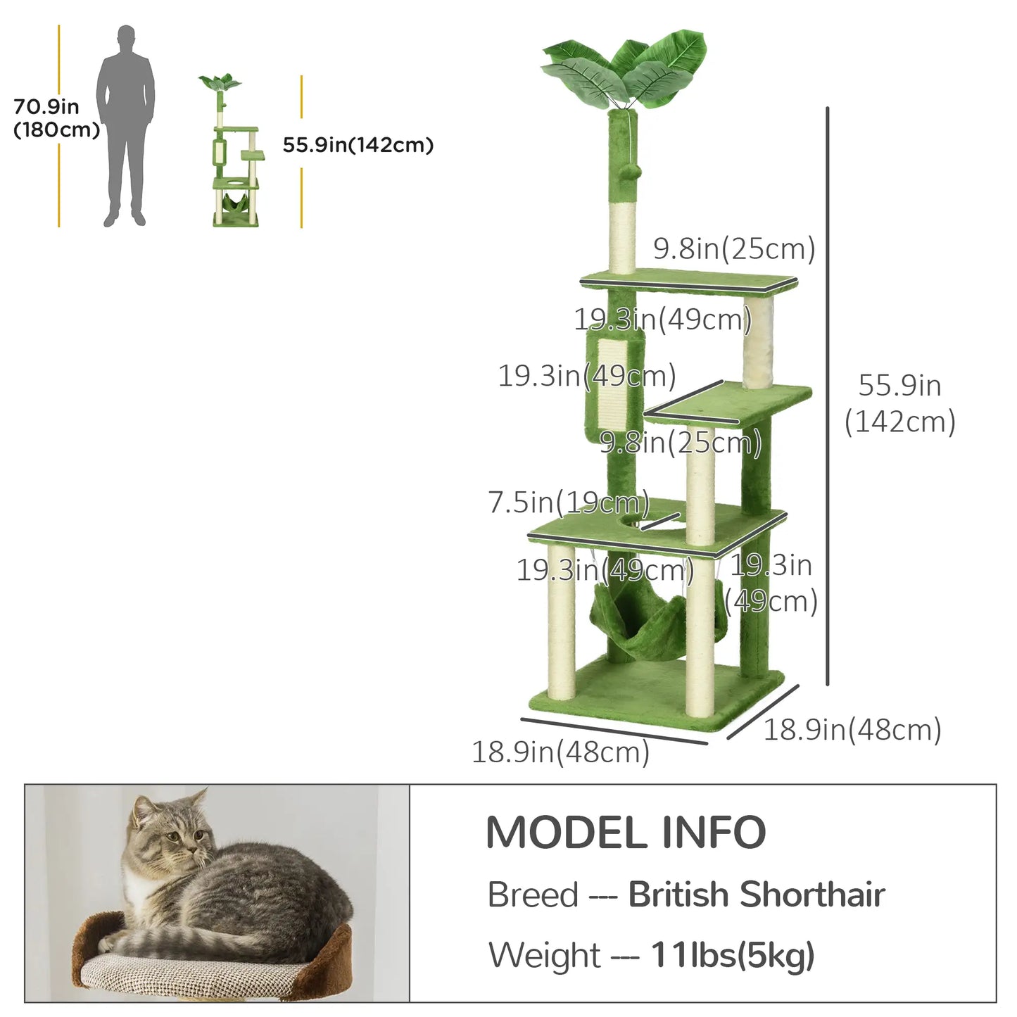 56" Cat Tree for Large Cats, Hammock, Scratching Post, Platforms, Play Ball, Green Cat Towers at Gallery Canada