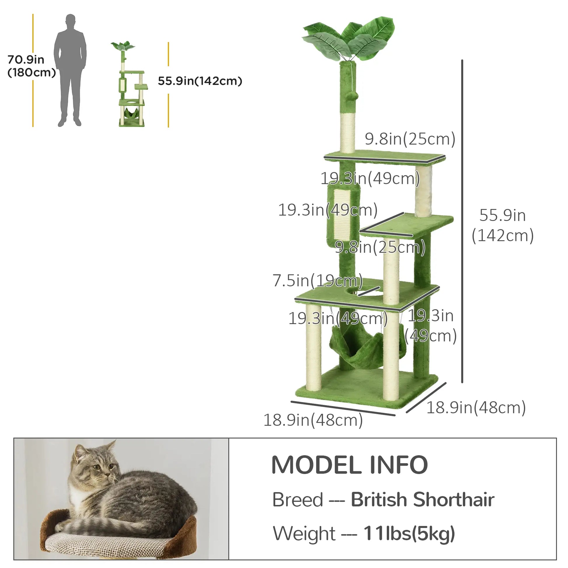 56" Cat Tree for Large Cats, Hammock, Scratching Post, Platforms, Play Ball, Green Cat Towers at Gallery Canada