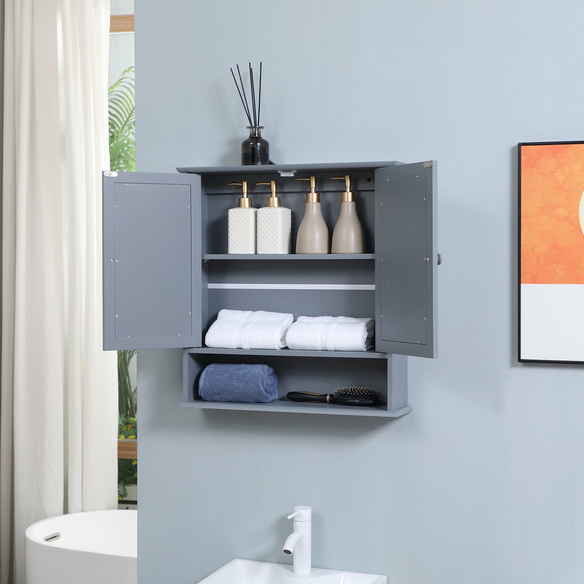 Medicine Cabinet, Wall-Mounted Bathroom Mirror Cabinet with Double Doors, Open Shelf, and Adjustable Shelf - Modern Bathroom Wall Cabinet, Grey at Gallery Canada