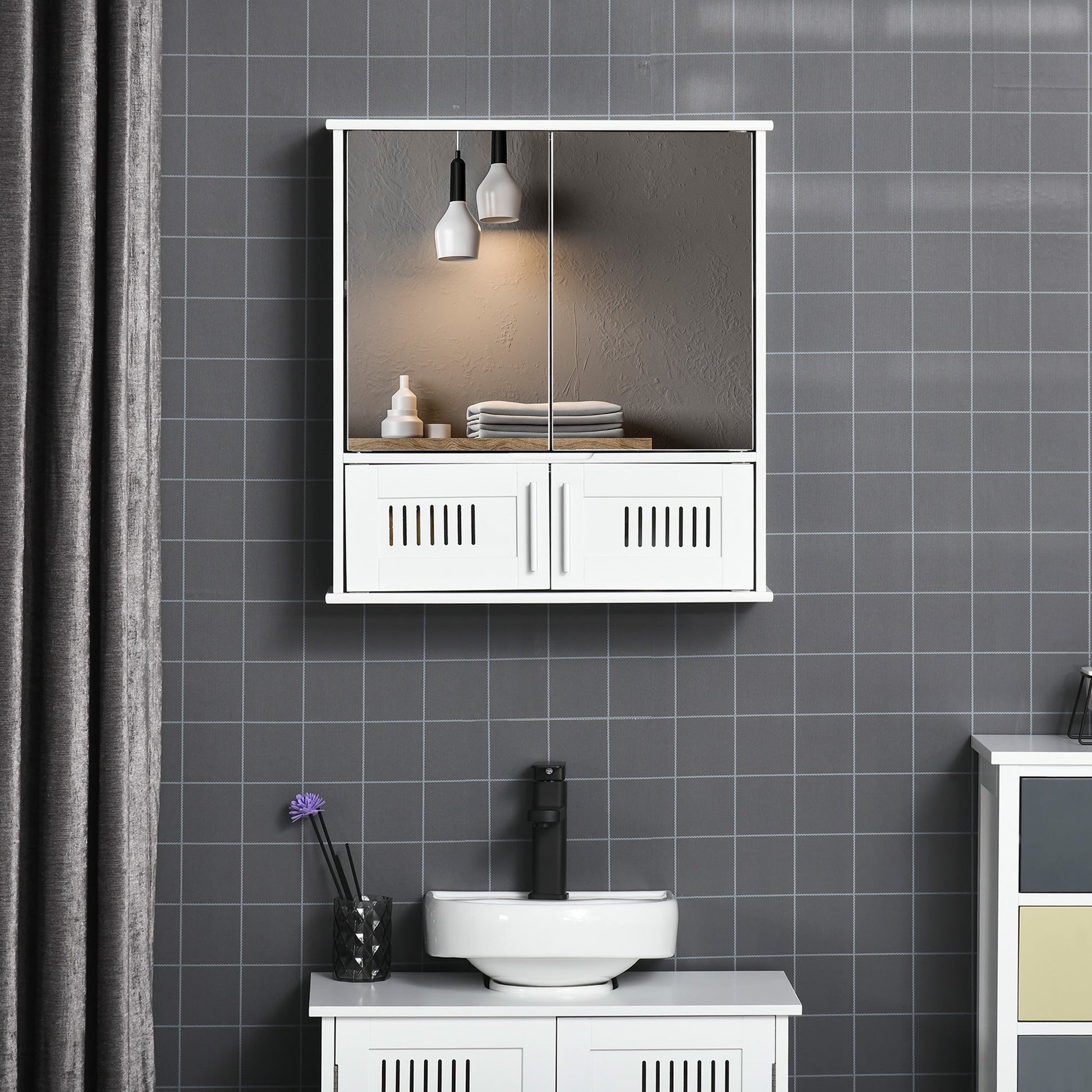 Medicine Cabinet with Mirror, Bathroom Wall Cabinet with 2 Mirrored Doors, 2 Slat Doors and Adjustable Shelf, White at Gallery Canada