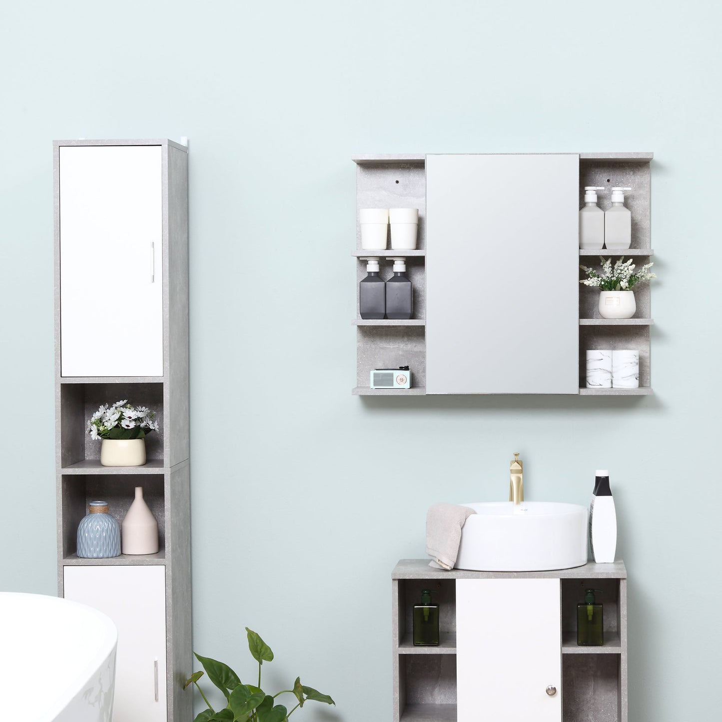 Medicine Cabinet with Mirror, Cement-Like Contemporary Bathroom Wall Cabinet with 6 Open Shelves, Grey - Gallery Canada