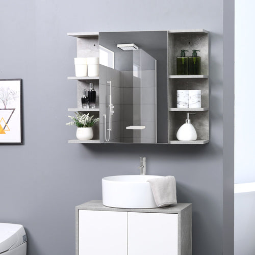 Medicine Cabinet with Mirror, Cement-Like Contemporary Bathroom Wall Cabinet with 6 Open Shelves, Grey