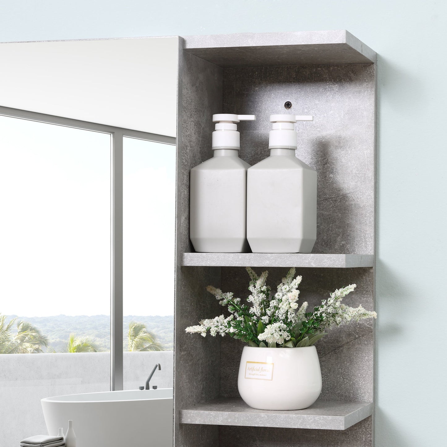 Medicine Cabinet with Mirror, Cement-Like Contemporary Bathroom Wall Cabinet with 6 Open Shelves, Grey at Gallery Canada