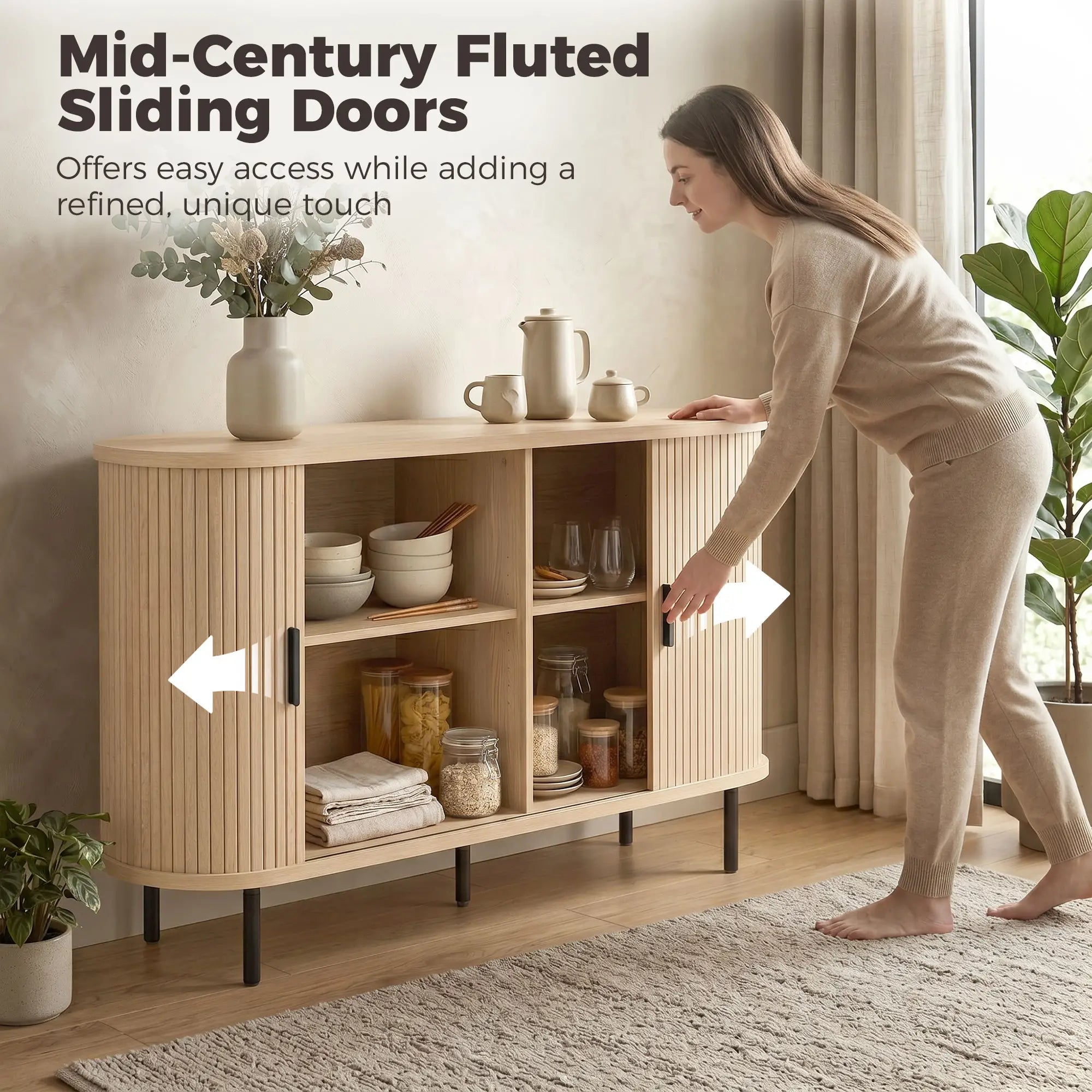 Mid Century Fluted Buffet Cabinet With Sliding Doors, 55