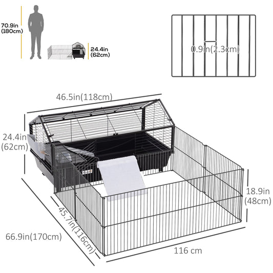 Metal Small Animal Cage, Rabbit Cage for Guinea Pig Chinchilla Hedgehog Bunny with Removable Wheels and Foldable Detachable Run Fence 46.5" L x 67" W x 24.5" H - Gallery Canada