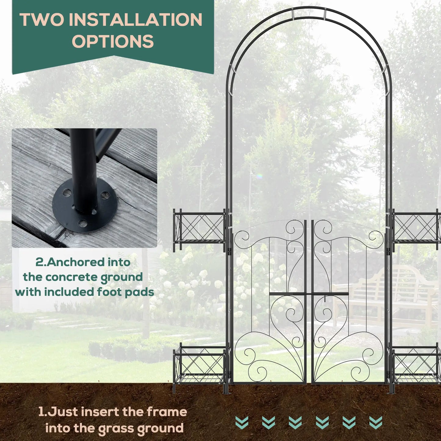 7.1FT Metal Garden Arch with Gate, 4 Planter Boxes, Black Garden Arches at Gallery Canada