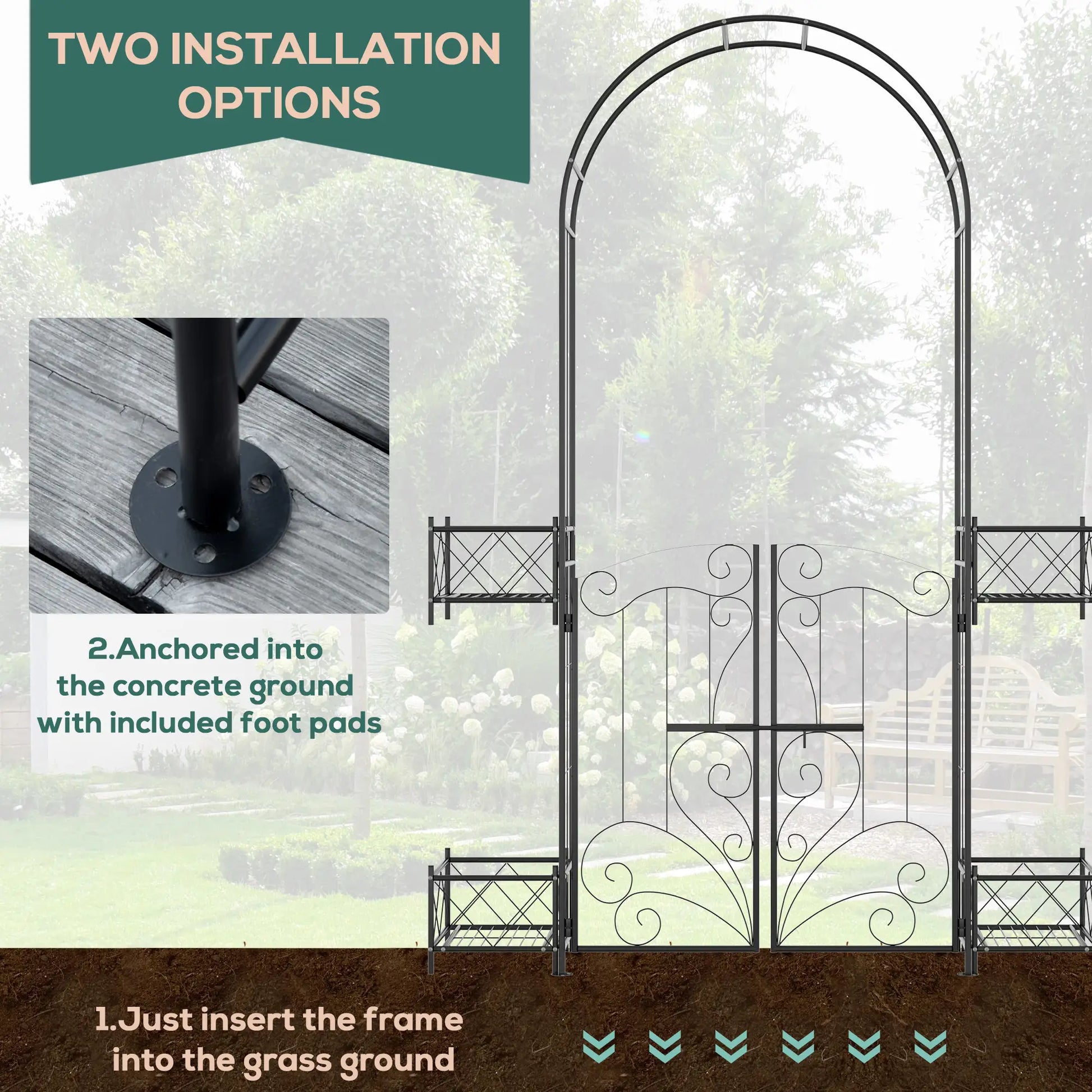 7.1FT Metal Garden Arch with Gate, 4 Planter Boxes, Black Garden Arches at Gallery Canada