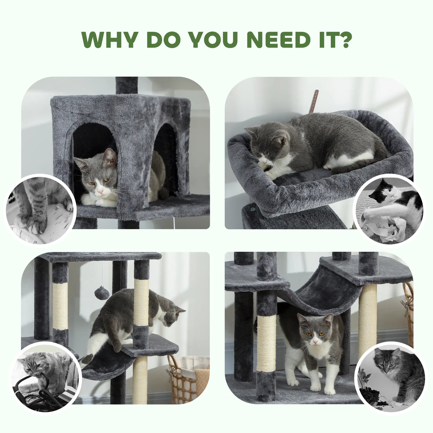 69 Inch Cat Tree, Multi-Level Tower, 2 Condos, Plush Perch, Sisal Posts, Dark Grey Cat Towers at Gallery Canada
