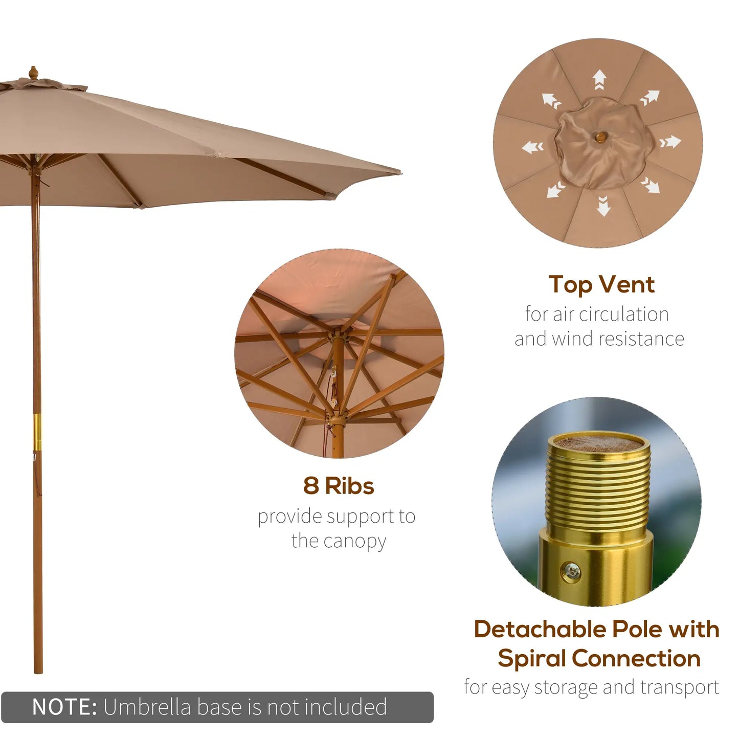 10' x 8' Khaki Wooden Patio Umbrella, Garden Parasol, Outdoor Sunshade, Khaki Sun Umbrellas at Gallery Canada
