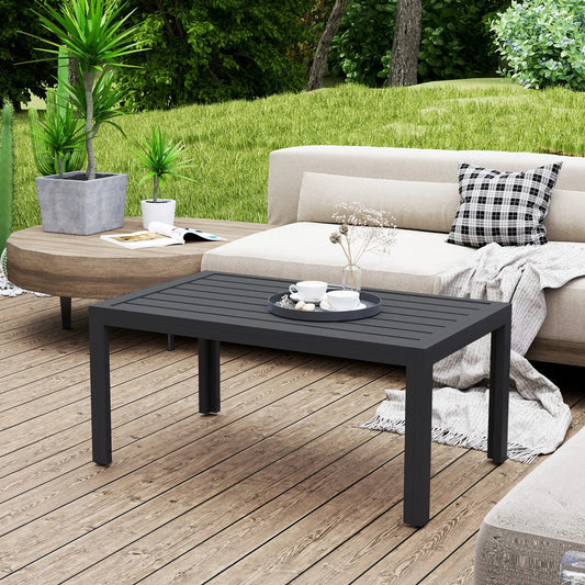 Outdoor Coffee Table, Rectangular, Steel Frame, Slat Tabletop, Grey Patio Side Tables Grey at Gallery Canada