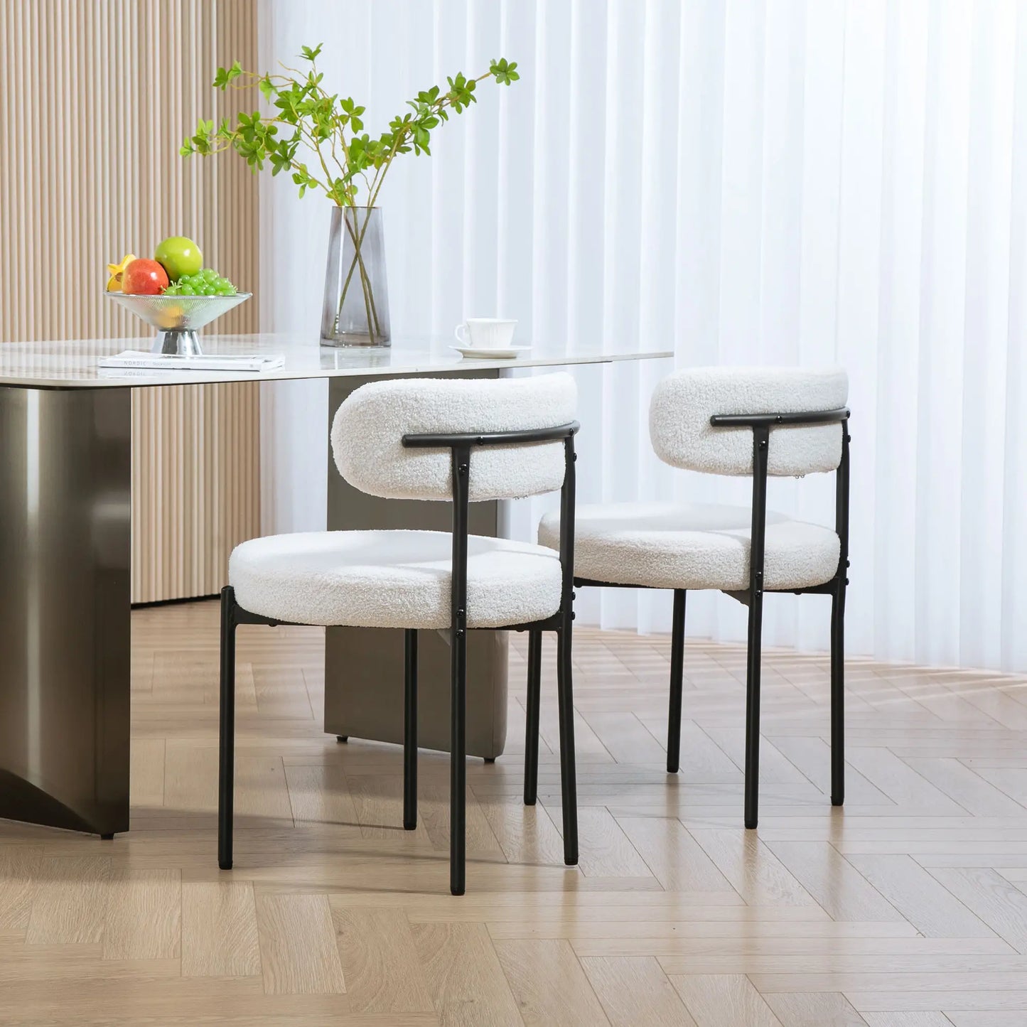 2 Kitchen Chairs, Modern Dining, Berber Fleece Upholstery, Steel Legs, Cream White Dining Chairs at Gallery Canada