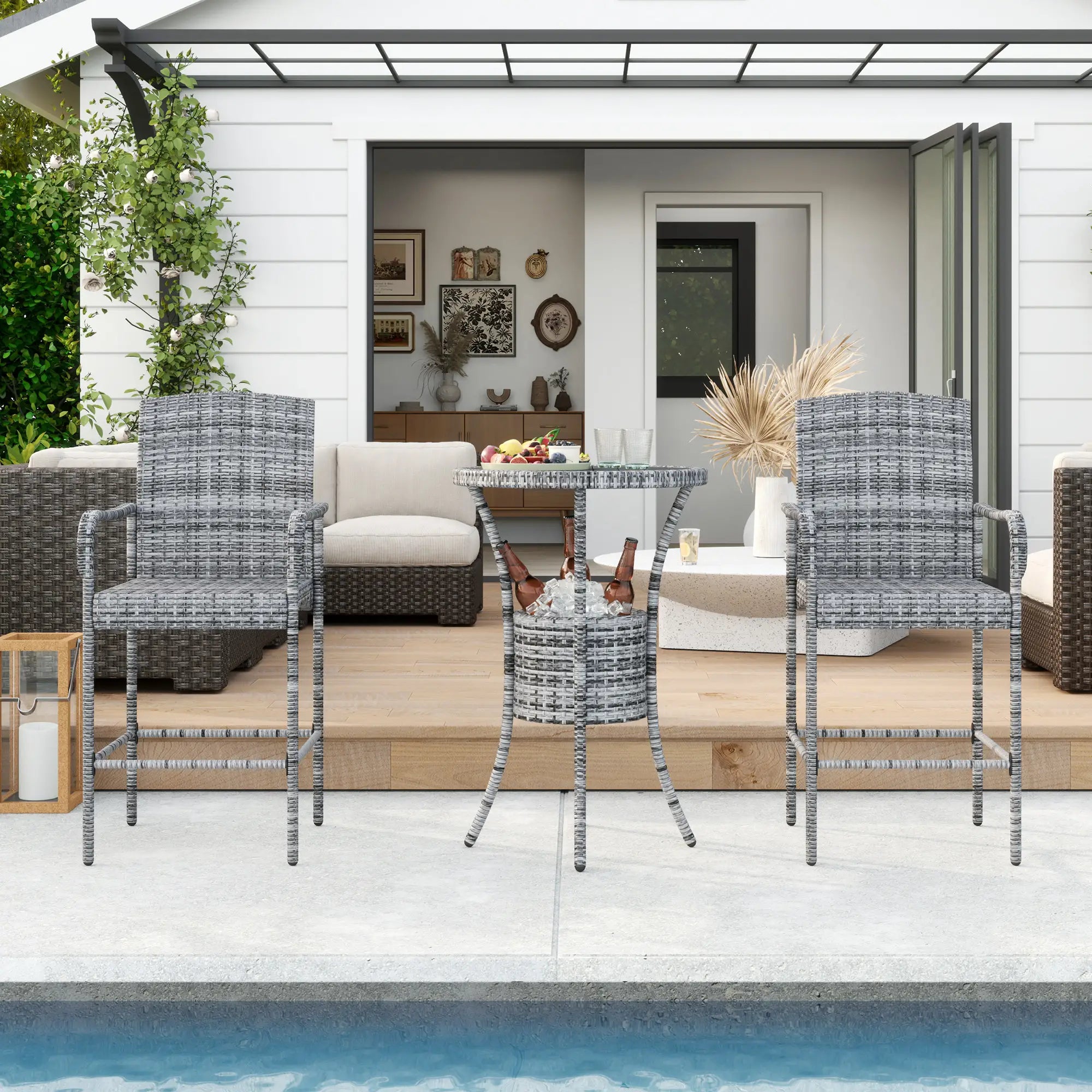3-Piece Patio Bar Set, Rattan Bistro Table and Chairs, Mixed Grey Bistro Sets at Gallery Canada