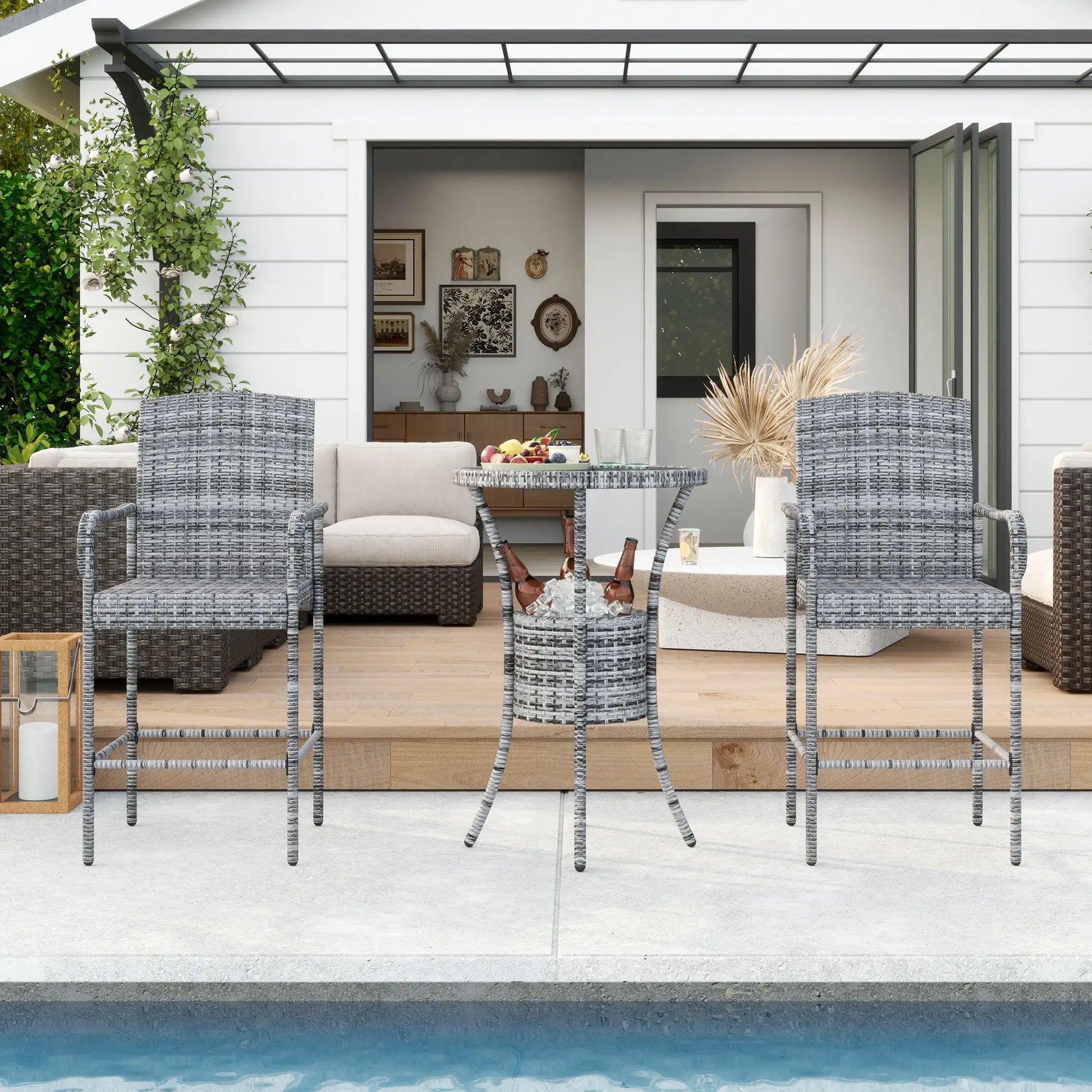 3-Piece Patio Bar Set, Rattan Bistro Table and Chairs, Mixed Grey Bistro Sets at Gallery Canada