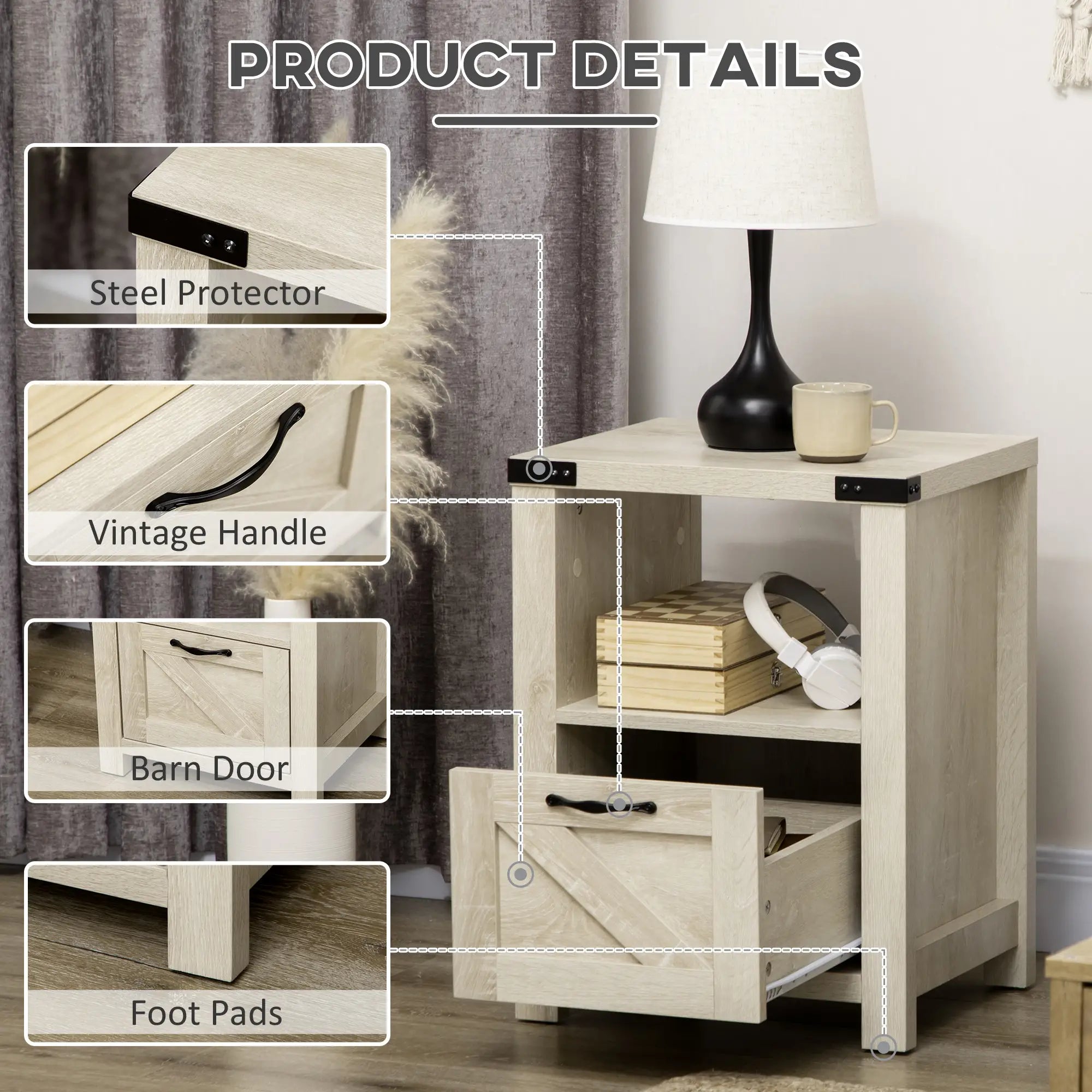 Farmhouse Side Table with Drawer, Open Shelf, Oak, 24.8x17.7x23.6 Side Tables at Gallery Canada