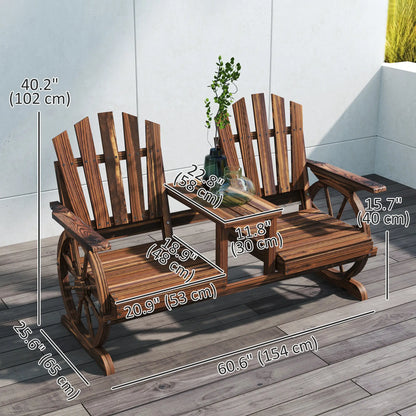 Wooden Outdoor Loveseat, Wagon Wheel Bench With Table, Carbonized Outdoor Benches at Gallery Canada