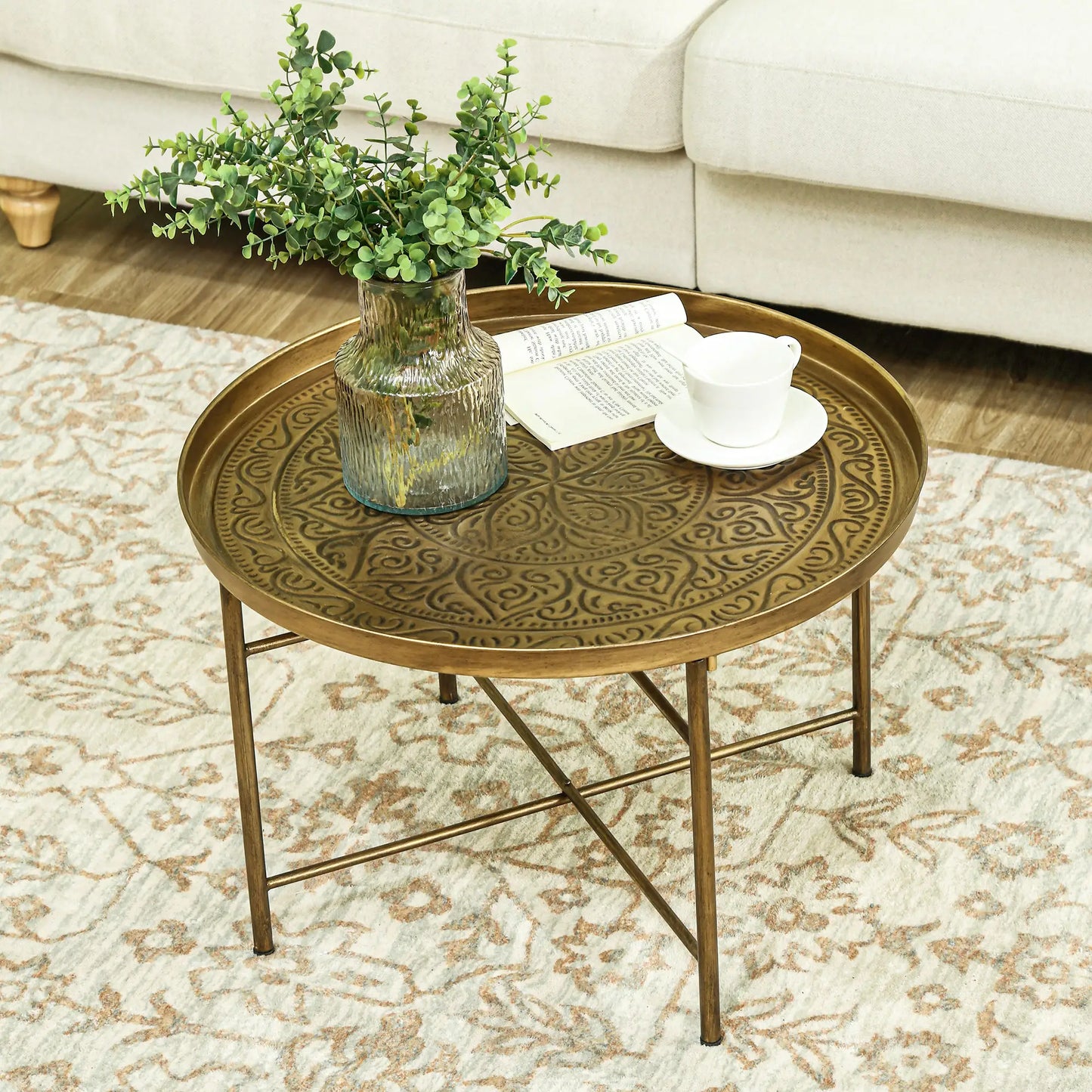 Vintage Coffee Table, 24" Round, Hammered Tray Top, Metal Frame, Gold Coffee Tables at Gallery Canada