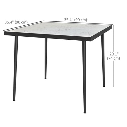Square Outdoor Dining Table for 4, Marble Effect Glass Top, Steel Frame, White Patio Dinning Tables at Gallery Canada