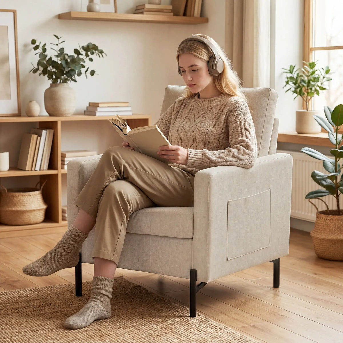 Modern Upholstered Armchair With Side Pockets, Cushion, Beige Accent Chairs at Gallery Canada
