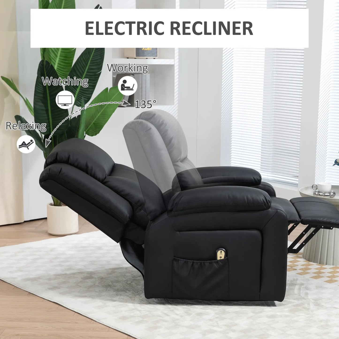 PU Leather Electric Recliner Chair, Remote, Side Pockets, Black Sofas & Reclining Chairs at Gallery Canada