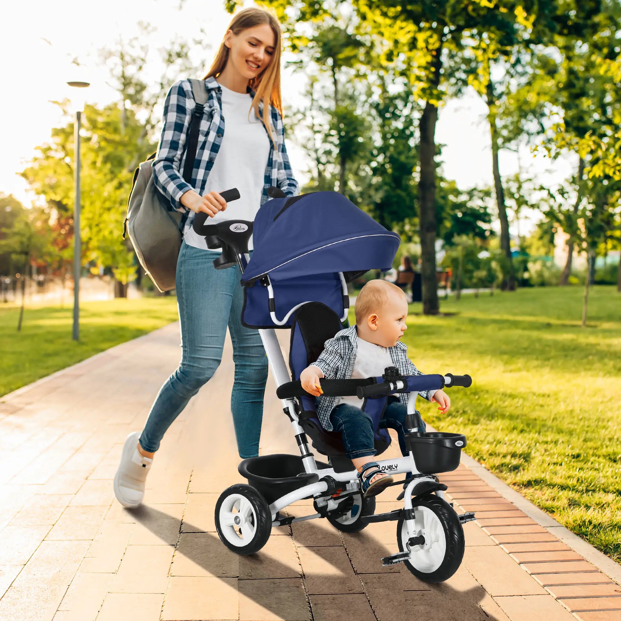 6 in 1 Toddler Tricycle, Parent Push Handle, Canopy, Storage Baskets, Dark Blue Tricycles for Kids at Gallery Canada