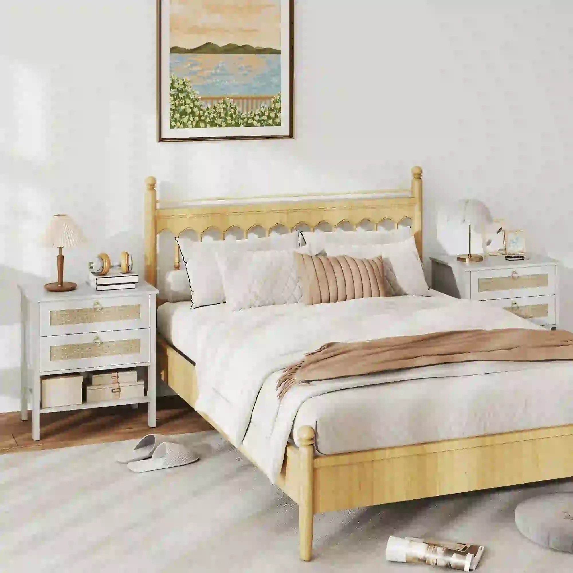 Set Of 2 Rattan Nightstands, 2 Drawers, Storage Shelf, White Oak Bedside Tables at Gallery Canada