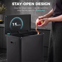 60L Touchless Trash Can, Dual Compartment, Stainless Steel, Black