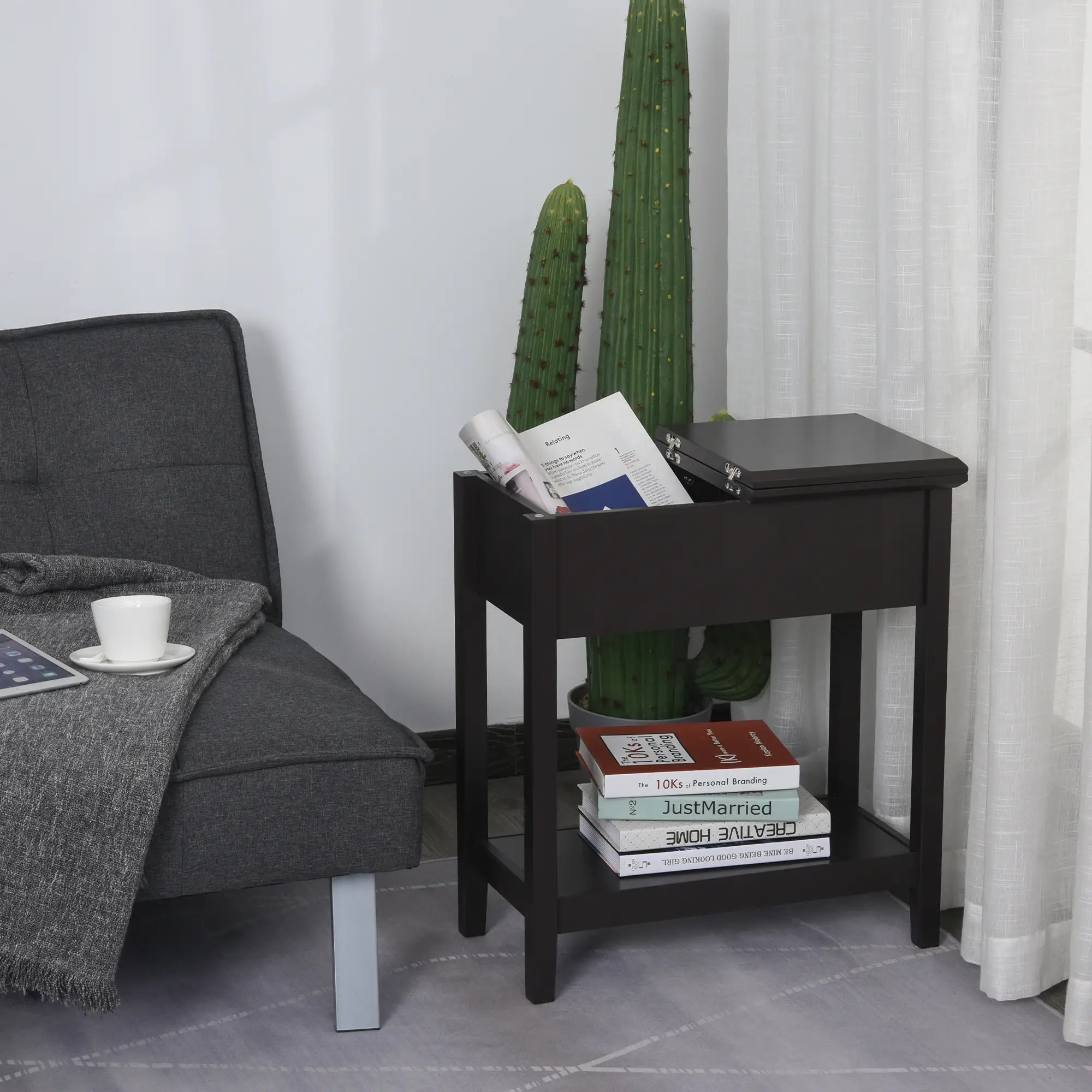 Flip Top End Side Table with Cabinet, Bottom Shelf, Dark Coffee Side Tables at Gallery Canada