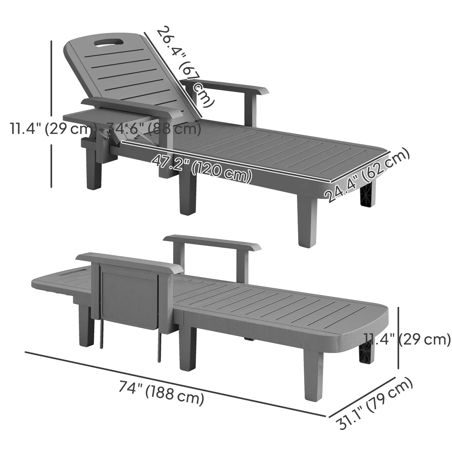2 Tanning Chairs, 5 Position Adjustable, Foldable Side Table, Dark Grey Lounger Chairs at Gallery Canada