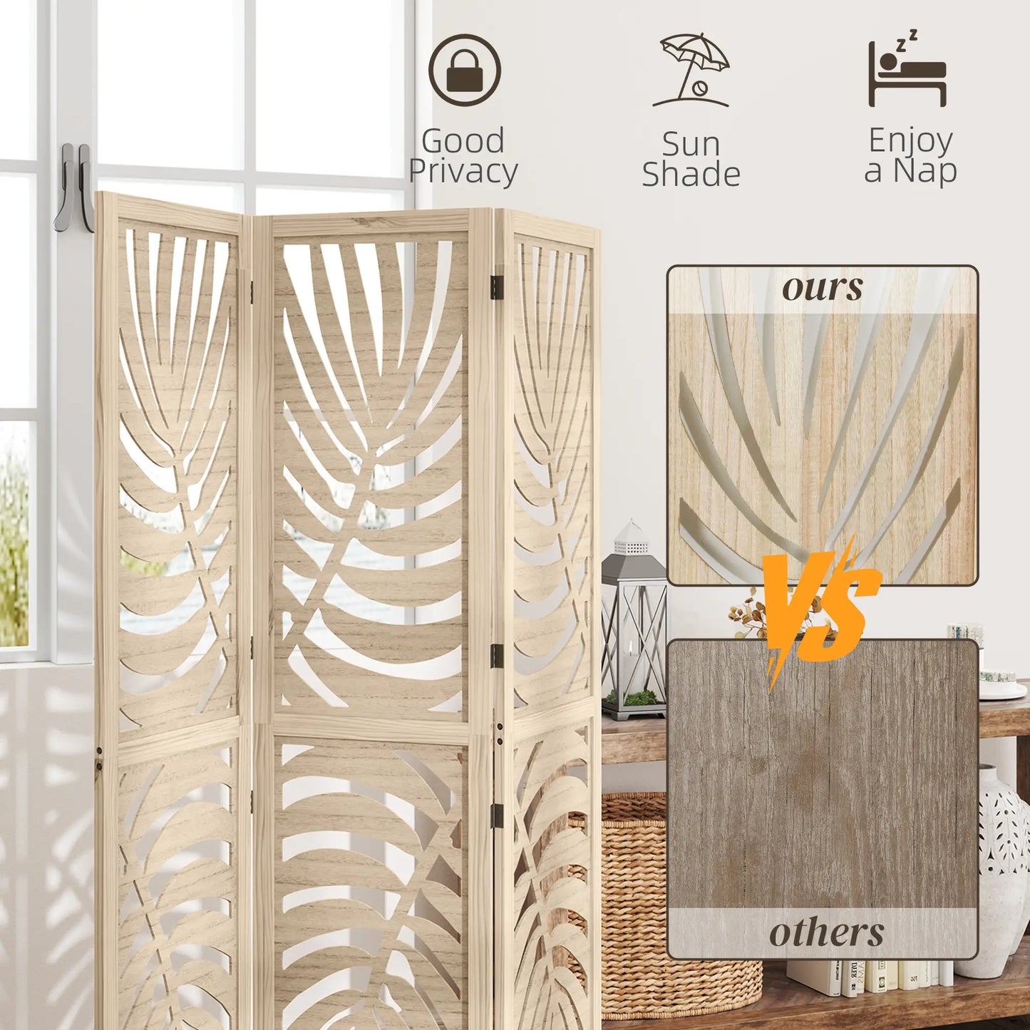 3 Panel Room Divider, Detachable Folding Privacy Screen, Palm Leaf Design, Natural Wood Finish Room Dividers at Gallery Canada