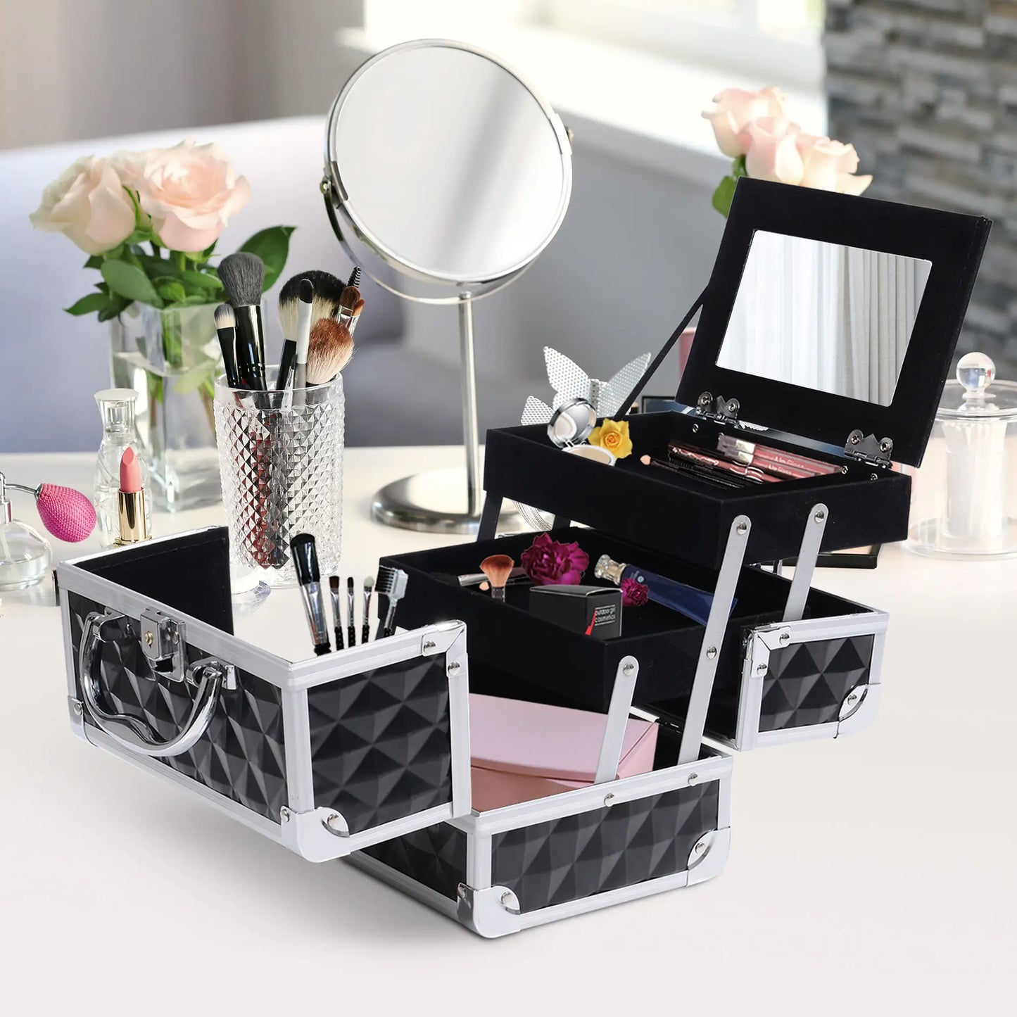 3 Tier Diamond Texture Makeup Train Case, Black Makeup Cases at Gallery Canada