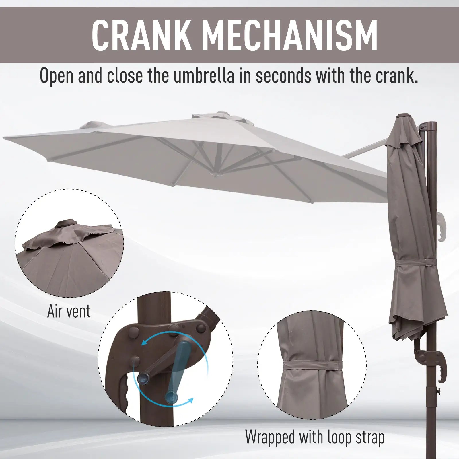 10ft Cantilever Patio Umbrella, 360° Rotation, Crank, Grey Cantilever Umbrellas at Gallery Canada