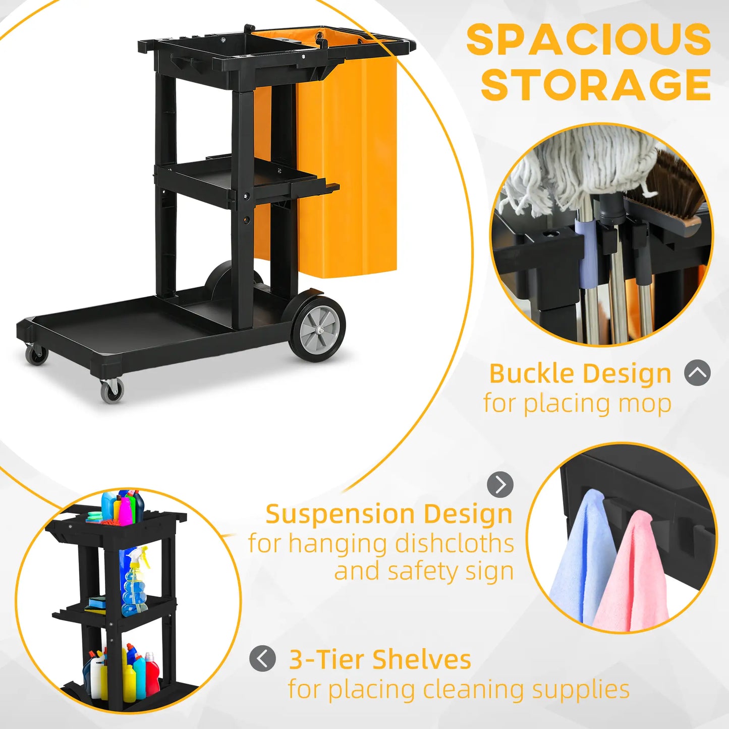 Janitorial Cart With 3 Shelves, Cleaning Cart On Wheels, Black Household Supplies at Gallery Canada