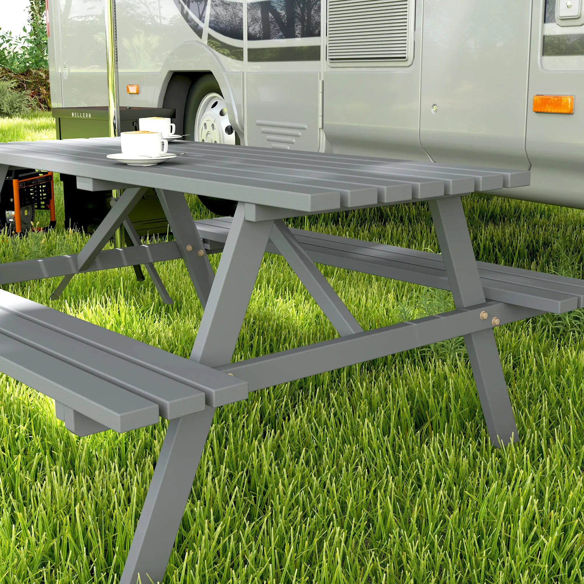 Wood Picnic Table With Umbrella Hole, Camping Table Bench Set, Grey Picnic Tables & Camping Chairs at Gallery Canada