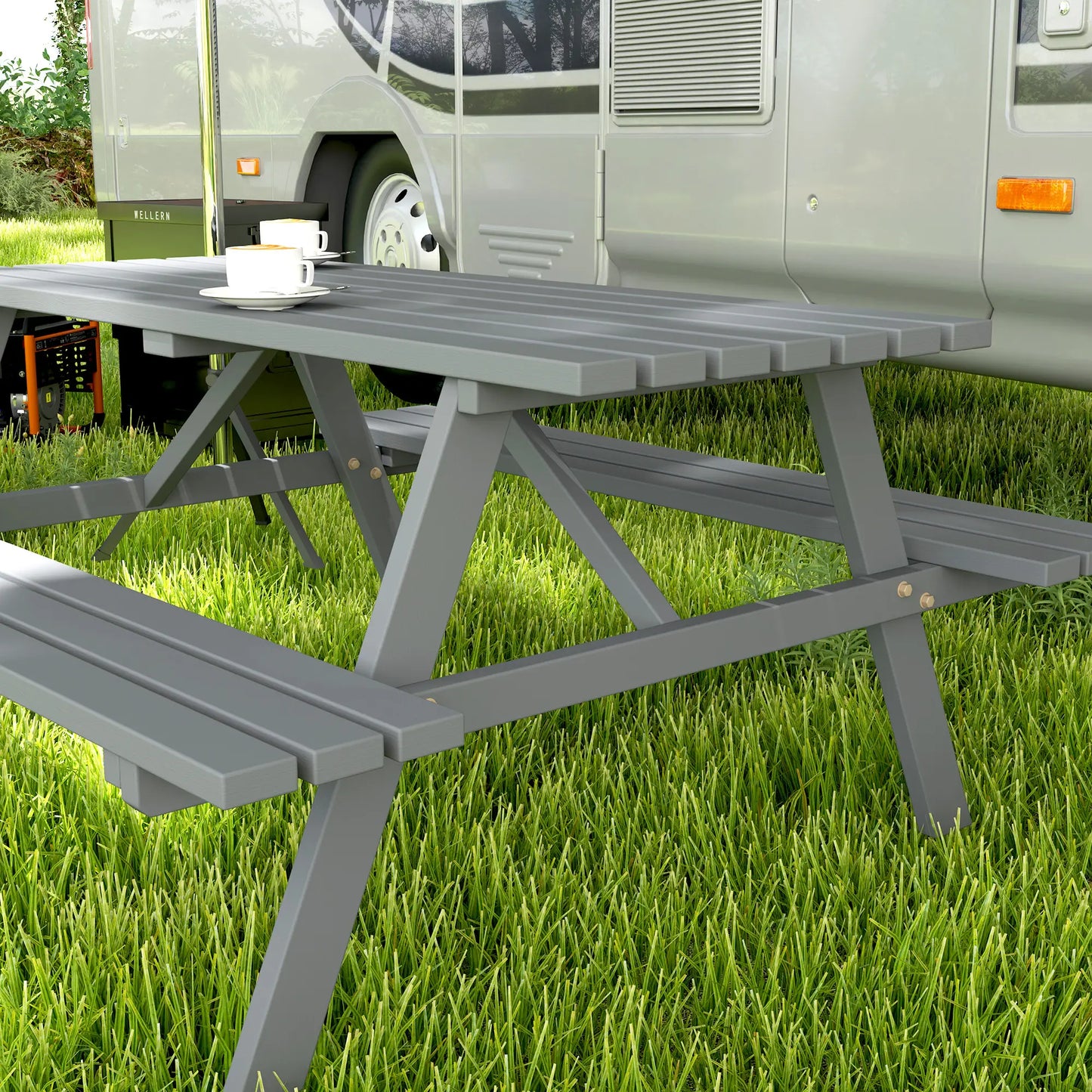 Wood Picnic Table With Umbrella Hole, Camping Table Bench Set, Grey Picnic Tables & Camping Chairs at Gallery Canada
