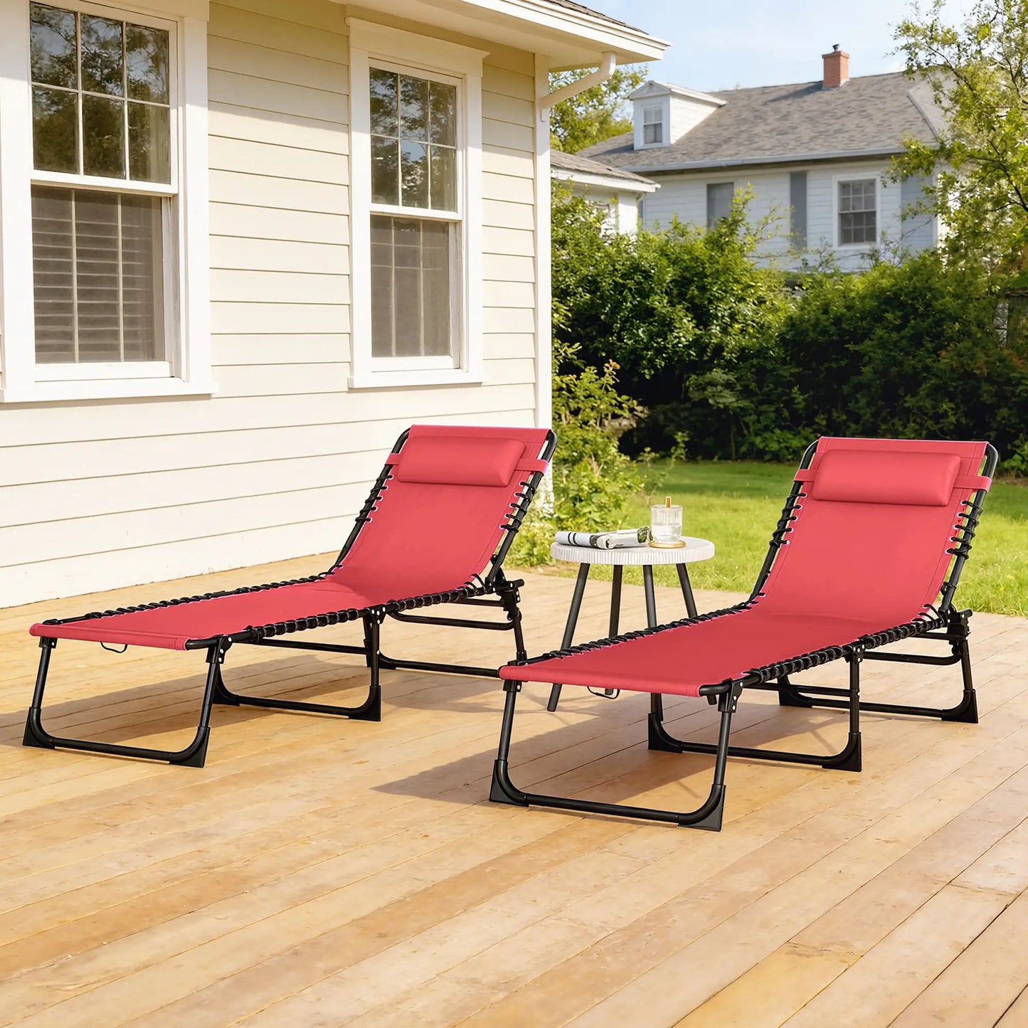 Folding Lounge Chair, Adjustable Chaise With Headrest, Reclining Cot, Wine Red Lounger Chairs at Gallery Canada