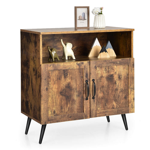 Mid-Century Wooden Storage Cabinet, Wine Glass Holders, Rustic Brown