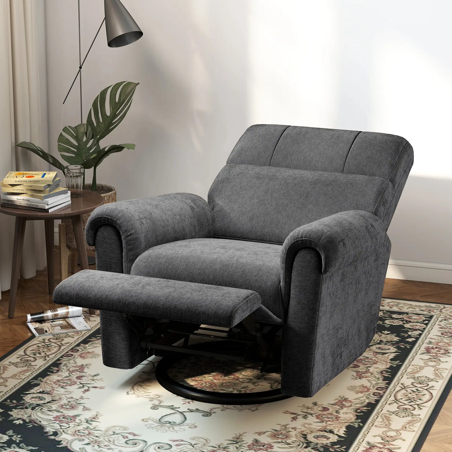 Fabric Recliner Chair, USB Ports, Swivel Rocking Footrest, Dark Grey Single Sofas at Gallery Canada