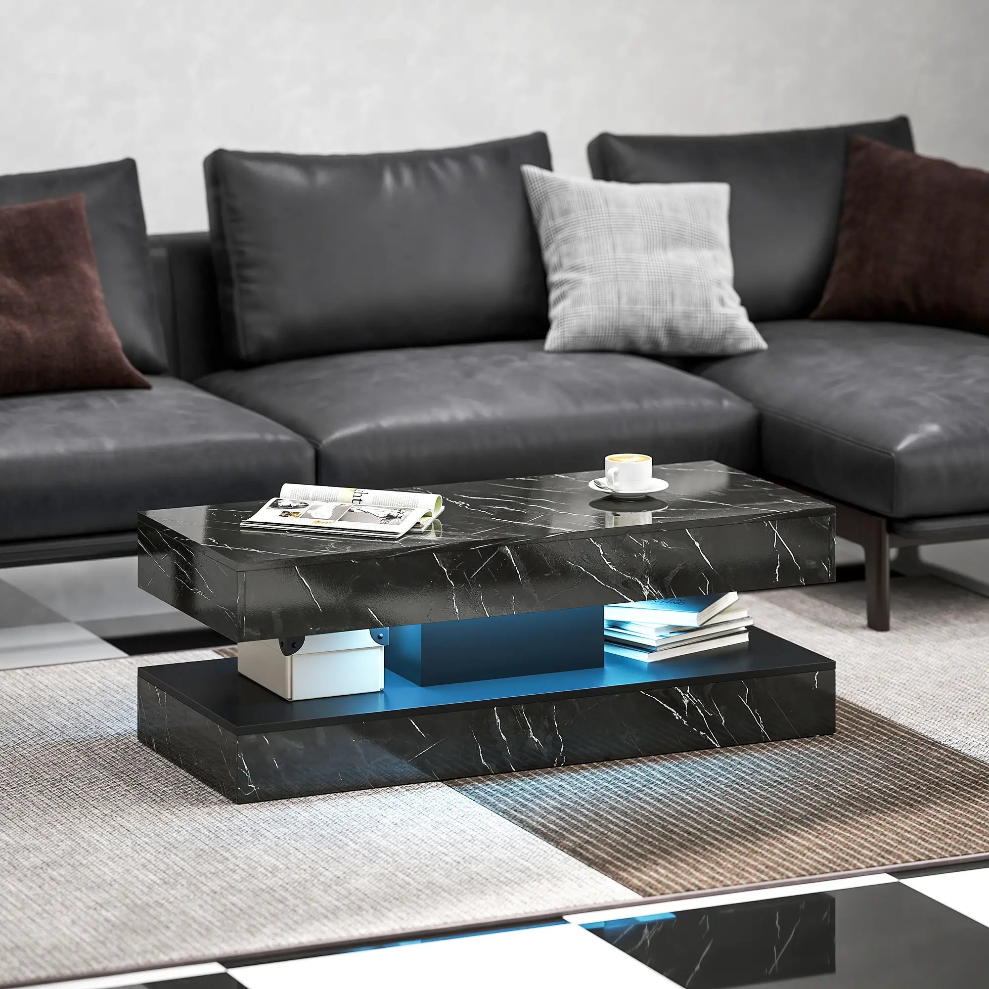Adjustable LED Coffee Table, 2 Drawers, Open Shelf, Remote, High Gloss Black Coffee Tables at Gallery Canada