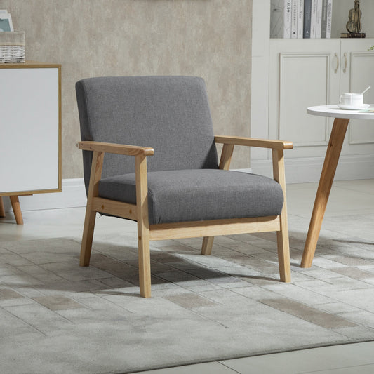 Minimalistic Accent Chairs Wood Frame w/ Thick Linen Cushions Wide Seat Armchair for Bedroom Office, Grey - Gallery Canada