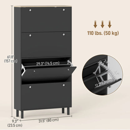 Narrow Shoe Cabinet with 4 Flip Drawers, Adjustable Shelves, Holds 24-32 Pairs, Black Shoe Storage Cabinets & Racks at Gallery Canada