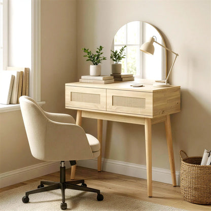 Vanity Desk With Mirror, 2 Drawers, Natural Wood Dressing & Vanity Tables at Gallery Canada