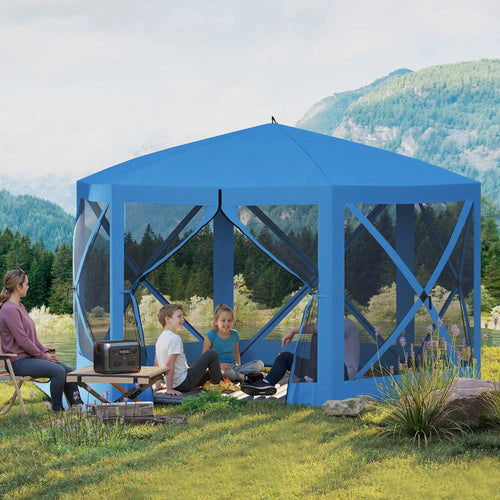 12' x 12' Hexagon Pop Up Screen Tent, Camping Shelter With Mesh Sidewalls, Carry Bag, Blue