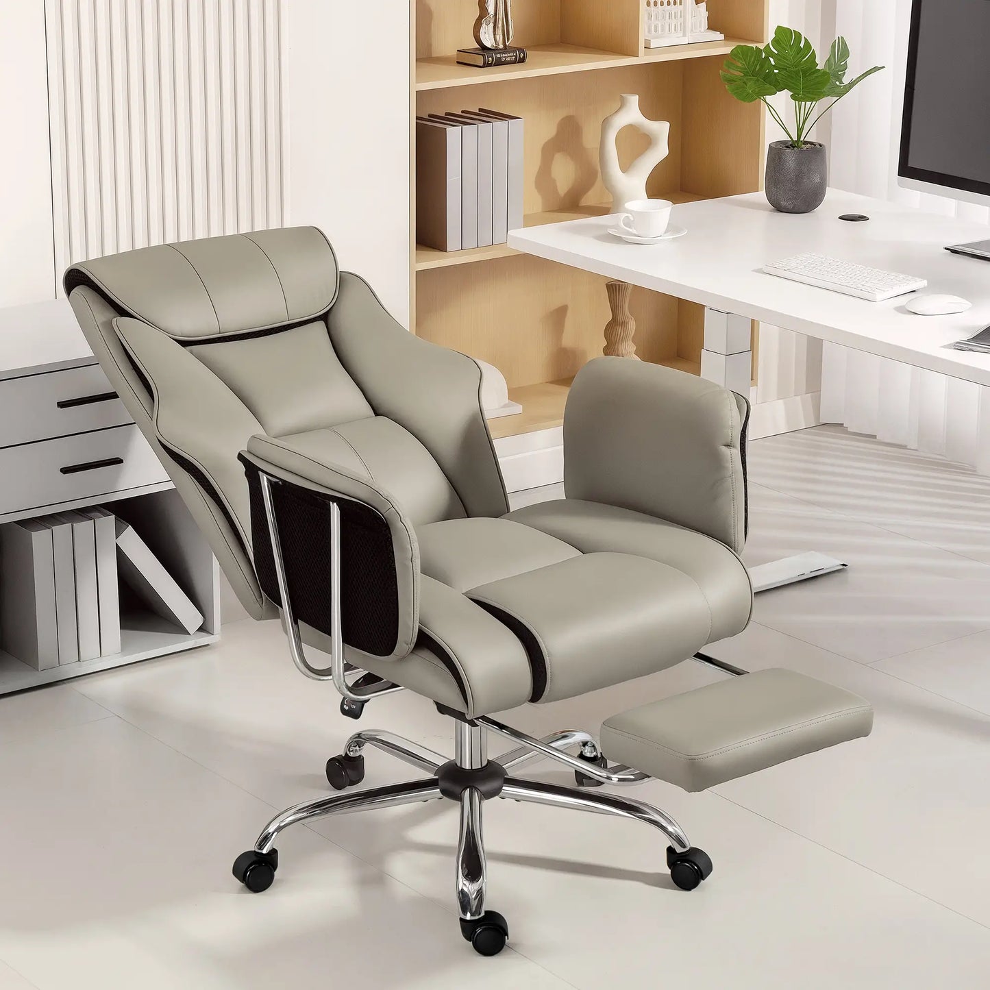 Reclining Office Chair, High Back Executive Desk Chair, PU Leather, Footrest, Swivel Wheels, Grey Executive & Manager Chairs at Gallery Canada
