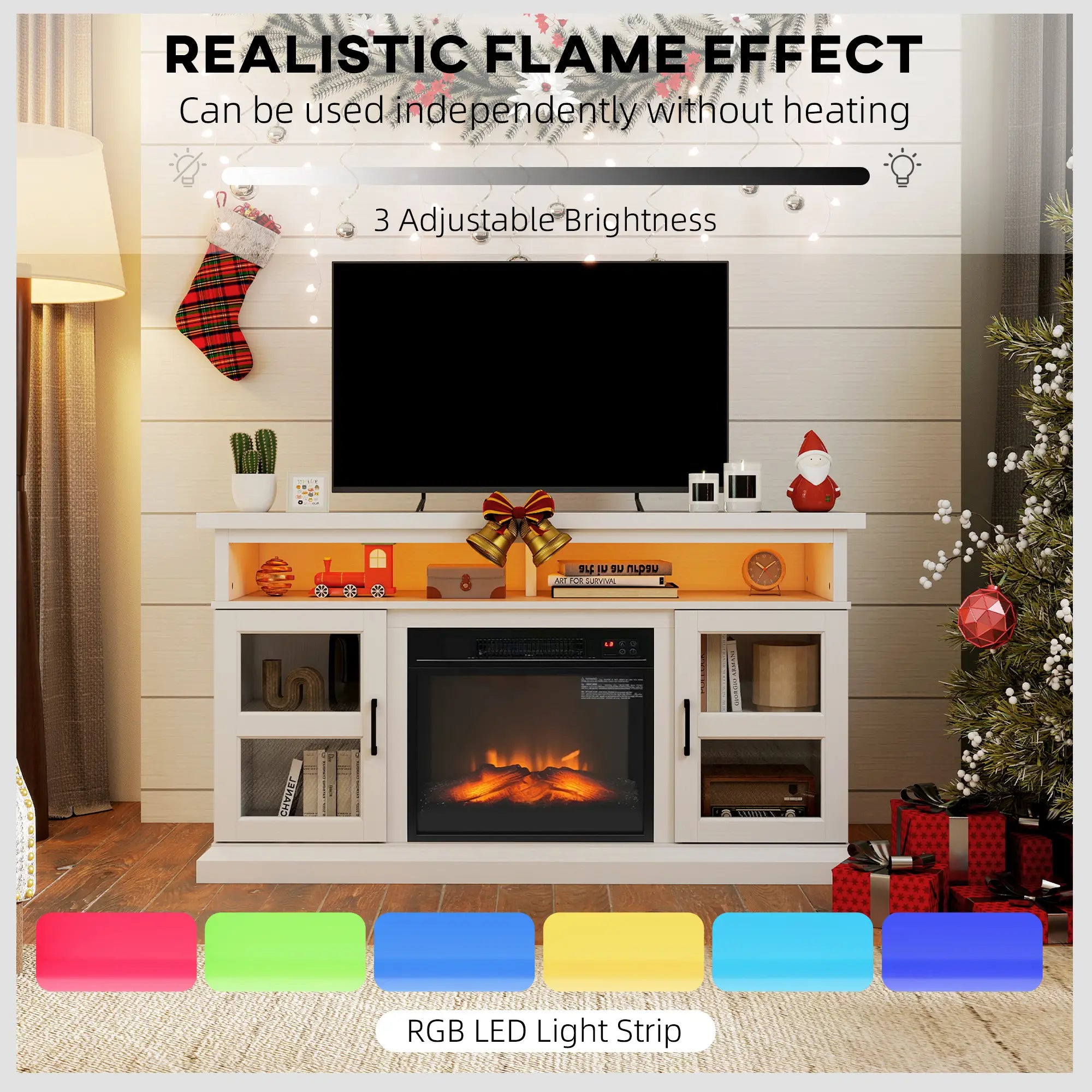 48 Inch Fireplace TV Stand, 3D Flame, Adjustable Shelves, White Electric Fireplaces at Gallery Canada