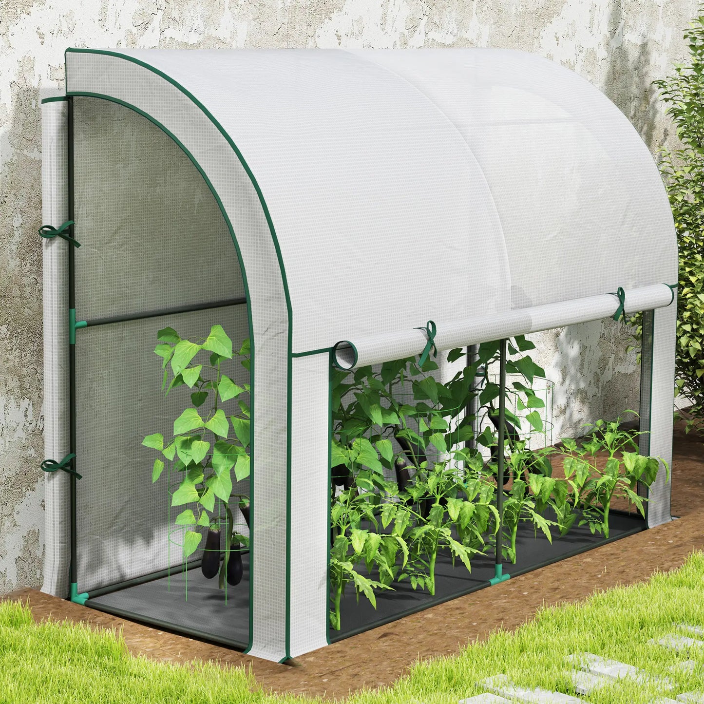 Walk-In Lean-To Greenhouse, 7' x 3' x 5', Zipper Roll-Up Doors, White