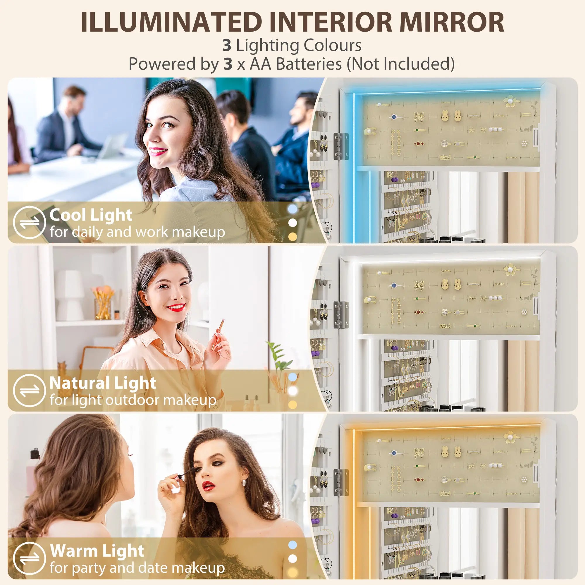 Jewelry Armoire Cabinet With Lights, Wall Mounted, Full Length Mirror, White Jewellery Armoire & Jewellery Mirror Cabinets at Gallery Canada