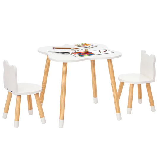Kids Wooden Table, 2 Chairs Set, Bear Shape, Rounded Corners, White Kids Table Sets White, Natural Wood at Gallery Canada